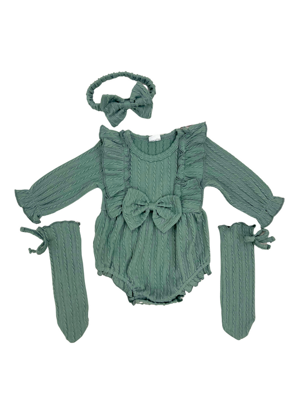 3-Piece Cable Knit Romper Set - Sage Green Baby Girl Outfit with Bow Headband & Knee-High Socks (3-6 Months)