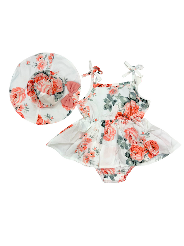 2-Piece Floral Baby Romper Set with Hat | Coral Rose Outfit