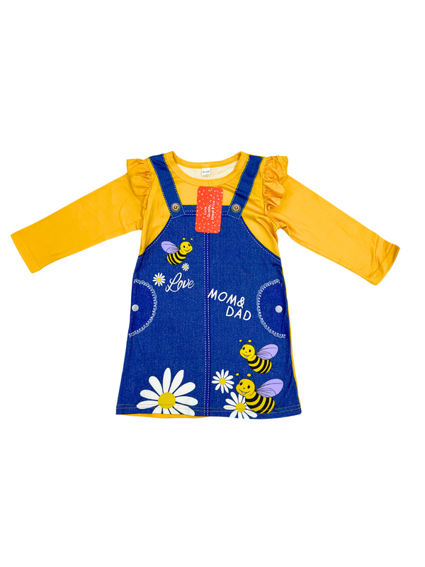 Girls Bee Print Denim Jumper Dress with Attached Yellow Long Sleeve