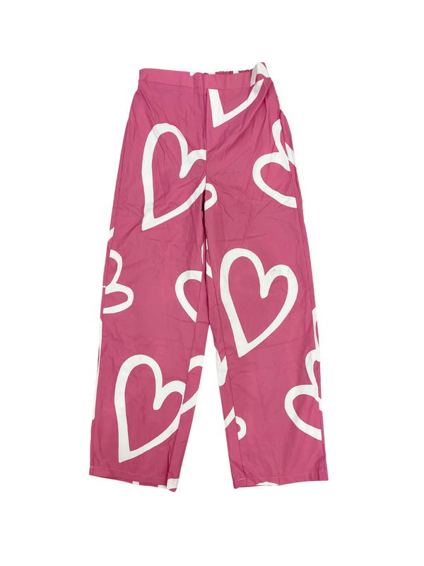 Girls Pink Heart Print Wide Leg Pants - Elastic Waist Palazzo Trousers