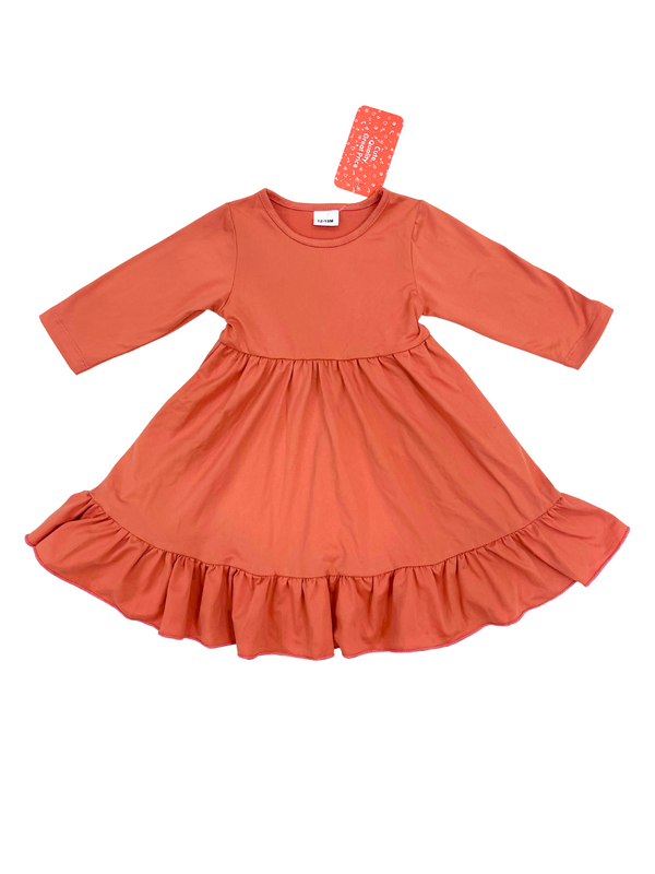 Girls Coral Orange Long Sleeve Ruffle Hem Dress - Toddler Kids Solid Color Twirl Dress with Tiered Bottom