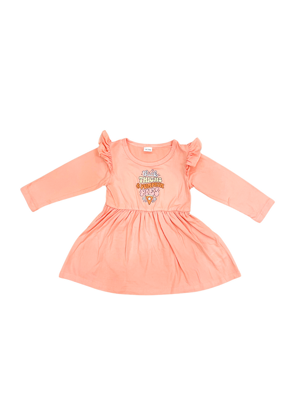 Girls "Rock Chicks & Pumpkins" Pink Long Sleeve Ruffle Dress - Fall Halloween Themed Toddler Dress