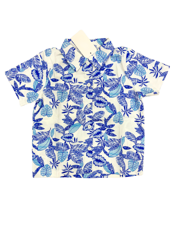 Boys Blue Tropical Leaf Print Hawaiian Shirt - Kids Short Sleeve Button Up Beach Vacation Shirt