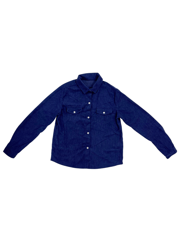 Navy Blue Corduroy Shirt - Long Sleeve Button Down Shirt for Kids - Classic Ribbed Cotton Top with Chest Pockets