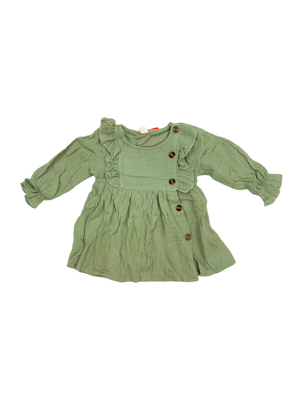Sage Green Ruffle Dress - Long Sleeve Cotton Gauze Dress for Girls - Boho Button Front Dress with Puffy Sleeves