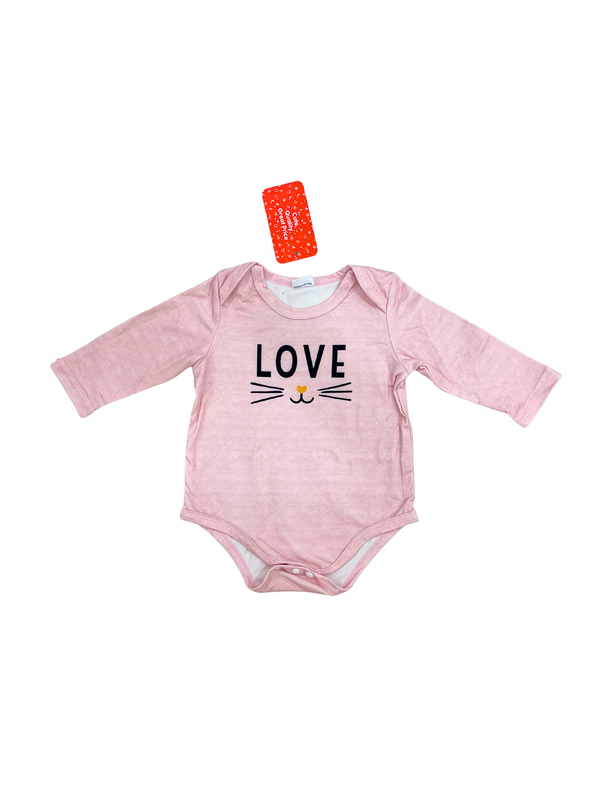 Pink "LOVE" Cat Face Onesie - Baby Long Sleeve Bodysuit with Cute Whiskers Print - Soft Cotton Infant Romper