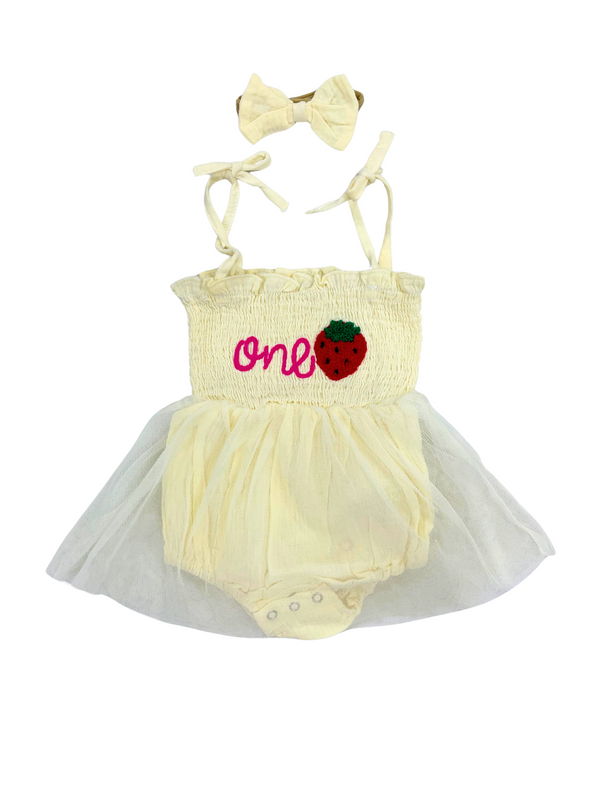 Strawberry "One" Birthday Tutu Set - Baby Girl First Birthday Outfit with Bow Headband - Yellow Tulle Dress with Embroidered Strawberry