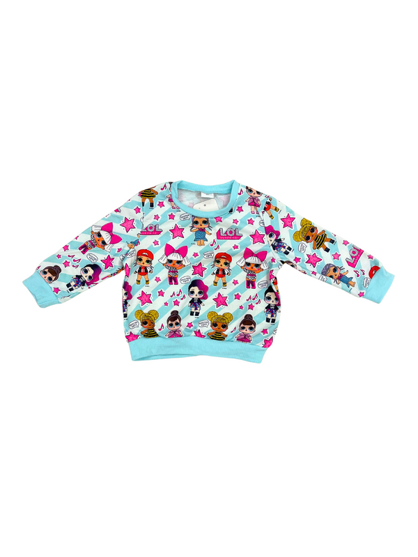 L.O.L. Surprise Dolls Girls Sweatshirt - Aqua Blue Kids Pullover with Pink Stars - Long Sleeve Character Top