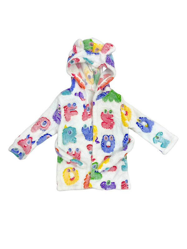 Kids Alphabet Monster Bathrobe - White Hooded Terry Cloth Robe with Educational Letter Characters - Children's Learning Bath Robe