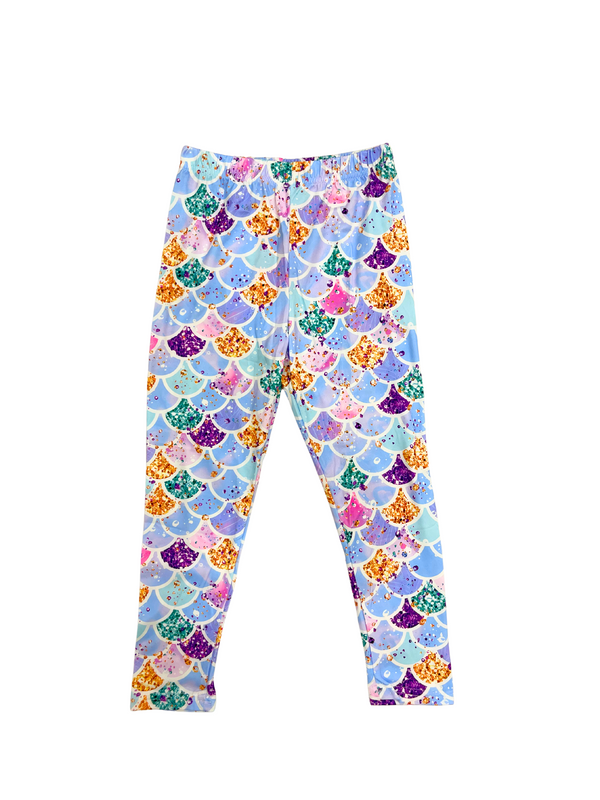 Girls Mermaid Scale Leggings - Colorful Sequin Print Kids Leggings with Glitter Fish Scale Pattern - Children's Stretchy Pants