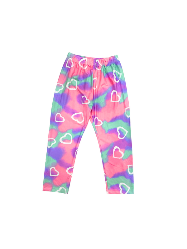Girls Tie Dye Heart Leggings - Rainbow Color Burst Leggings with White Heart Print - Kids Stretchy Pants