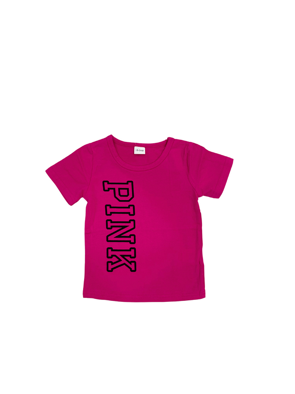 Girls Hot Pink T-Shirt with PINK Text - Short Sleeve Kids Graphic Tee - Children's Cotton Top