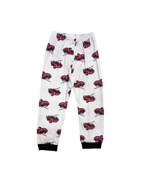 Kids Fire Truck Pajama Pants - White Cotton PJ Bottoms with Red Fire Engine Print - Children's Sleepwear