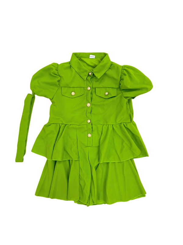 Green Puff Sleeve Shirt Dress with Matching Headband Set - Women's Button-Up Mini Dress with Hair Accessory