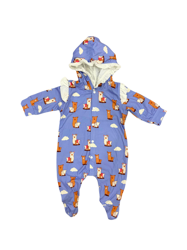 Blue Bear Print Hooded Baby Romper with Footies - Long Sleeve Infant Onesie with Cloud Pattern