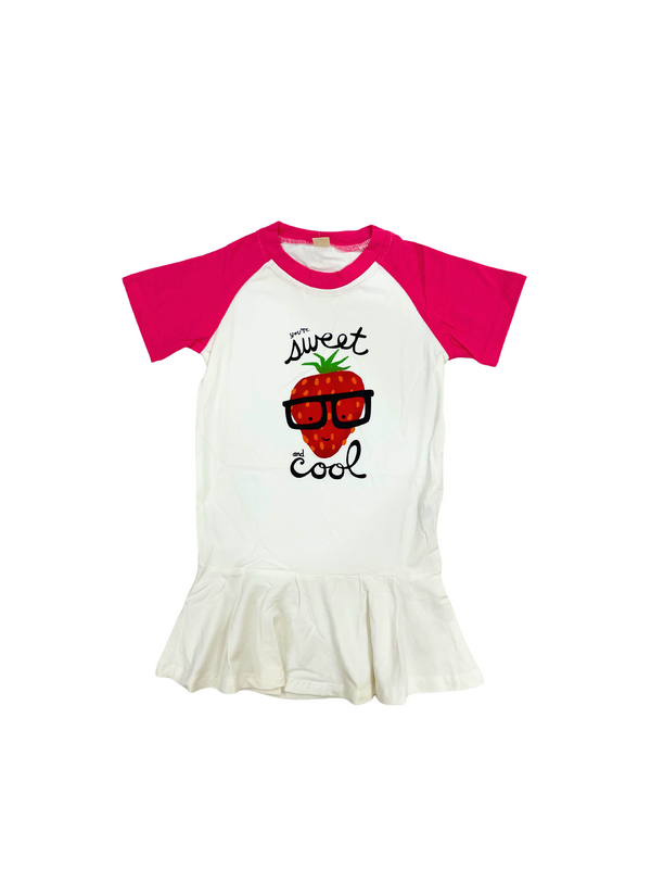 Sweet and Cool Strawberry Print Girls Raglan Dress - Pink White Baseball Sleeve Kids Dress with Glasses Design