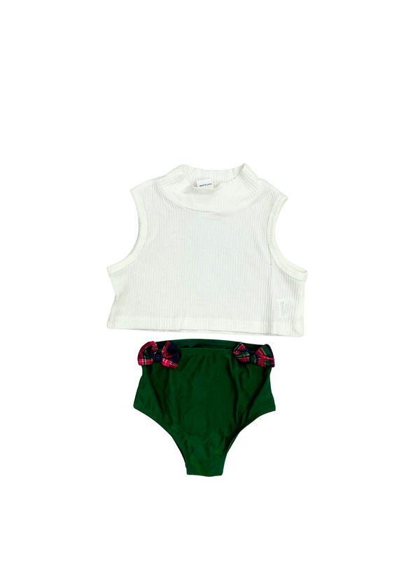 White Ribbed Tank Top and Green High Waist Bikini Bottom Set - Two Piece Swimwear with Plaid Bow Details