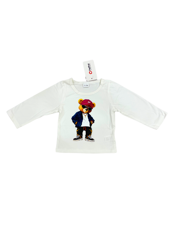 White Long Sleeve Kids T-Shirt with Cool Bear Graphic - Toddler Boys Hip Hop Style Tee with Hat Design