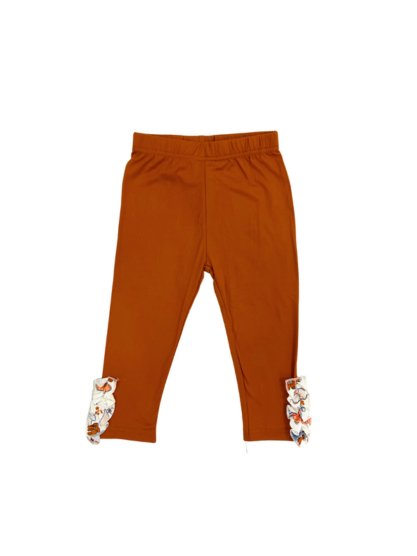 Rust Orange Girls Leggings with Floral Ruffle Hem - Toddler Fall Leggings with Autumn Print Details