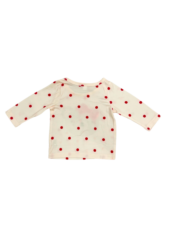 Cream Polka Dot Long Sleeve Baby Top with Bear Bow Design - Toddler Girls Cotton Tee with Red Dots