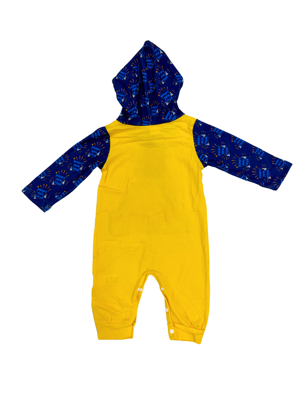 Happy New Year Baby Hooded Romper - Yellow Blue Fireworks Print Infant Jumpsuit with Hood