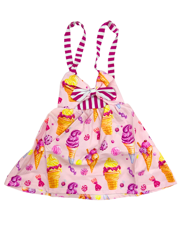 Title: Girls Ice Cream Print Sundress with Bow - Pink Sleeveless Summer Dress with Striped Straps