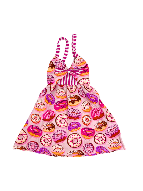 Girls Donut Print Halter Dress with Bow - Pink Sweet Summer Sundress | Toddler & Kids