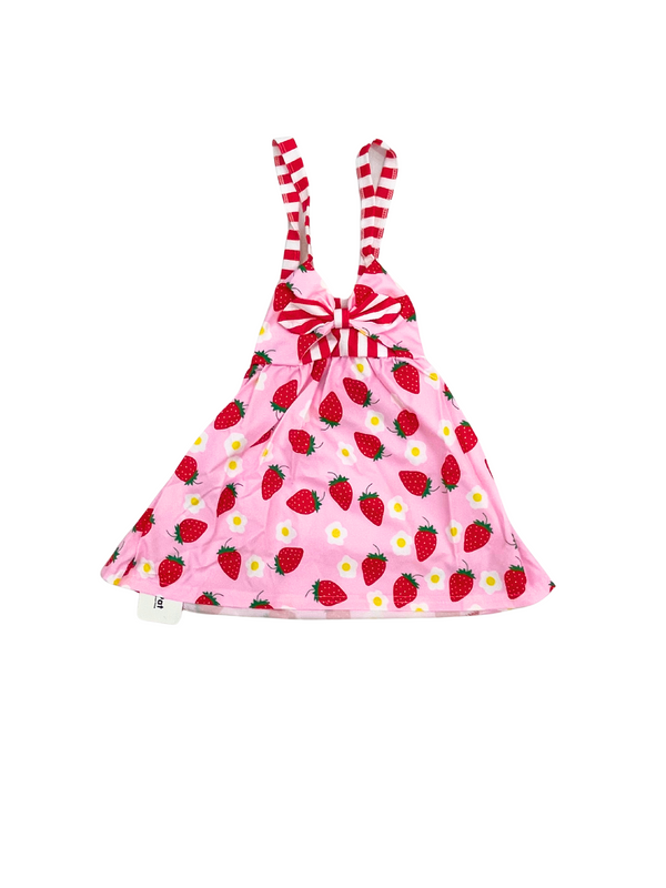Title: Girls Strawberry Print Sundress with Bow - Pink Fruit Pattern Summer Dress with Striped Straps