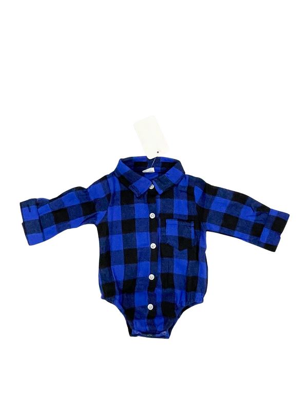 Baby Boy Blue Plaid Flannel Shirt Bodysuit - Long Sleeve Buffalo Check Onesie
