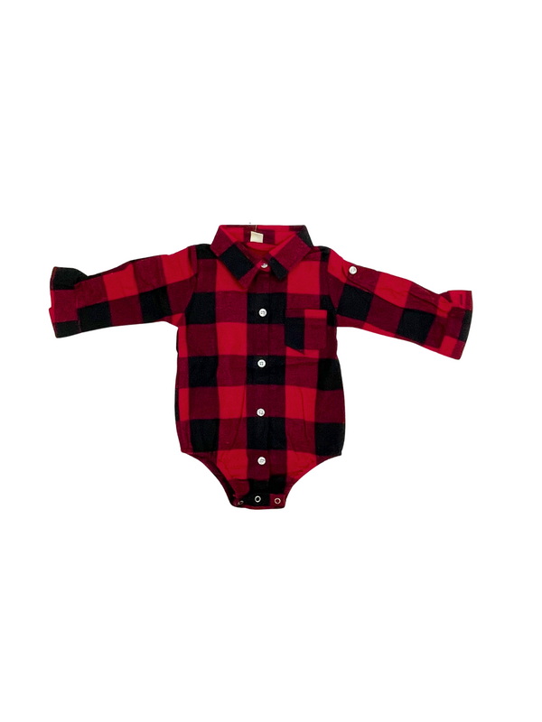 Baby Boy Red Plaid Flannel Shirt Bodysuit - Long Sleeve Buffalo Check Onesie