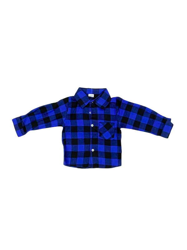 Boys Blue Buffalo Check Flannel Shirt - Royal Blue Plaid Button Down