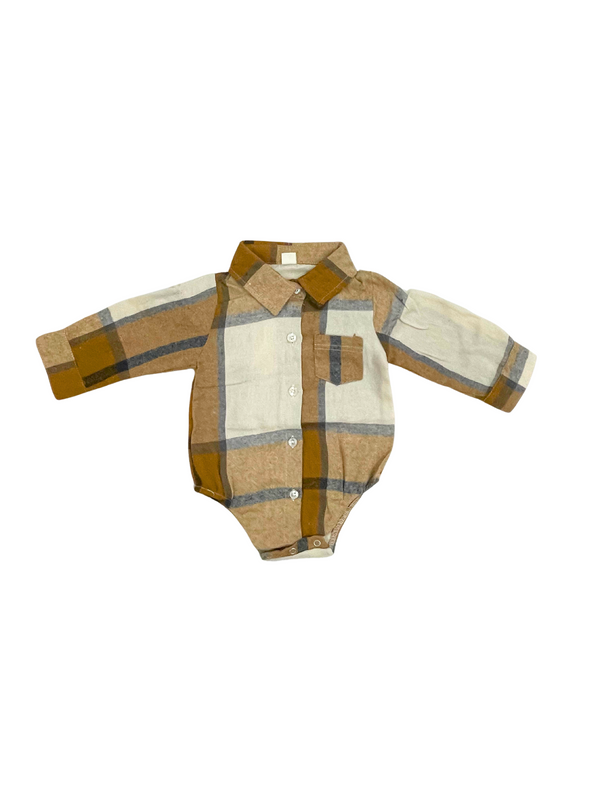 Baby Boy Neutral Plaid Flannel Shirt Bodysuit - Earth Tone Long Sleeve Onesie