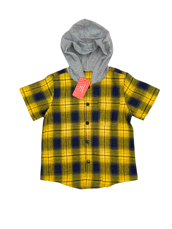 Boys Yellow Navy Plaid Hooded Button Down Shirt - Short Sleeve Hoodie