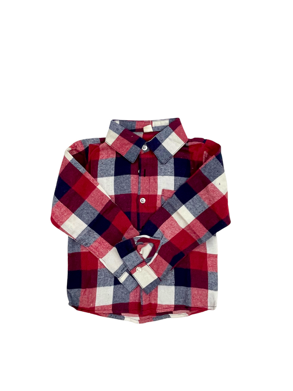 Boys Red White Blue Plaid Flannel Shirt - Patriotic Buffalo Check Button Down