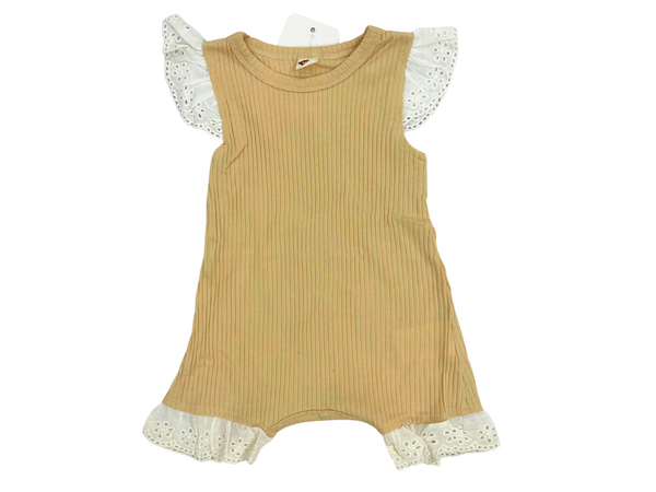 Baby Girl Mustard Yellow Ribbed Romper with White Eyelet Lace Flutter Sleeves - Summer Bodysuit