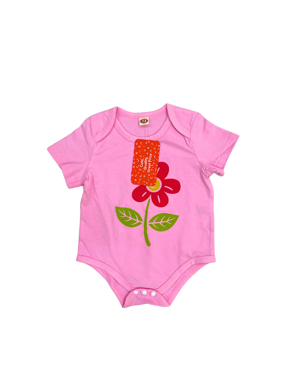 Pink Baby Girl Romper with Red Flower Print - Short Sleeve Cotton Romper - Cute Floral Baby Outfit
