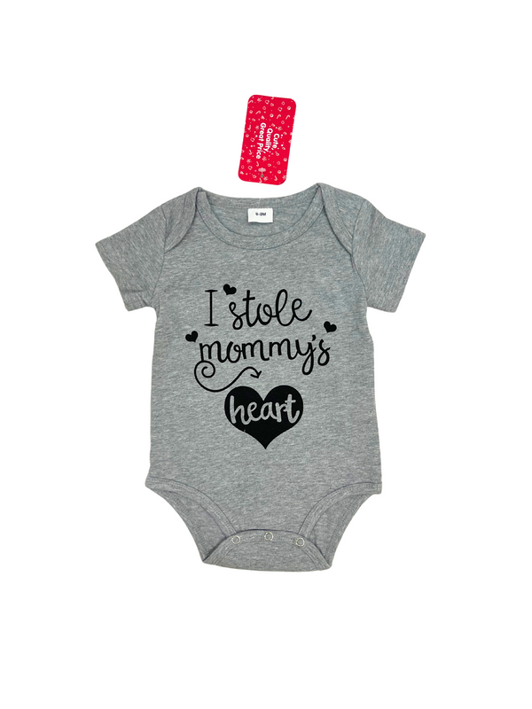 I Stole Mommy's Heart" Baby Romper - Grey Short Sleeve Cotton Romper with Heart Print - Cute Baby Outfit