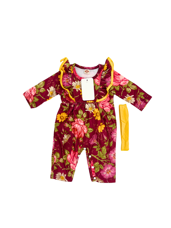 Burgundy Floral Baby Girl Romper with Yellow Bow Tie - Long Sleeve Rose Print Romper - Vintage Style Baby Outfit