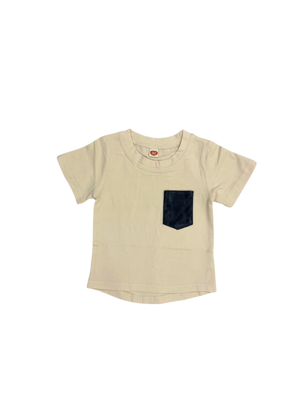 Beige Baby Boy T-Shirt with Navy Pocket - Short Sleeve Cotton Tee - Casual Baby Boy Outfit