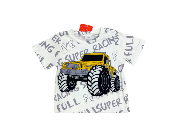 Monster Truck Baby Boy T-Shirt - Yellow Truck Print Short Sleeve Tee - "Super Racing" Cotton Baby Shirt