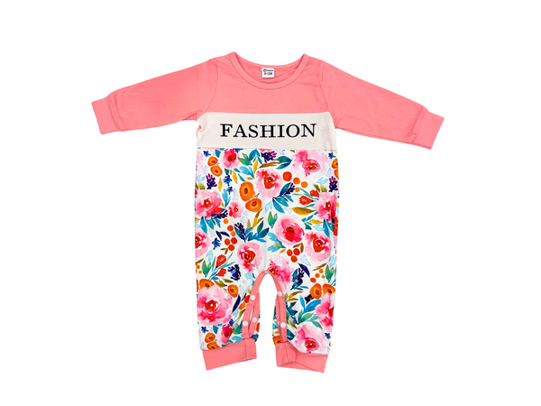 "Fashion" Baby Girl Romper - Pink Floral Print Long Sleeve Romper with Snap Crotch - Trendy Baby Outfit