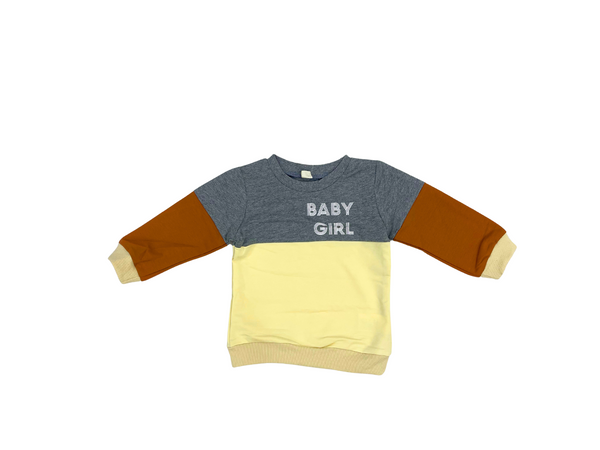 Baby Girl Color Block Sweatshirt - Heather Gray Yellow Brown Long Sleeve Pullover for Toddlers