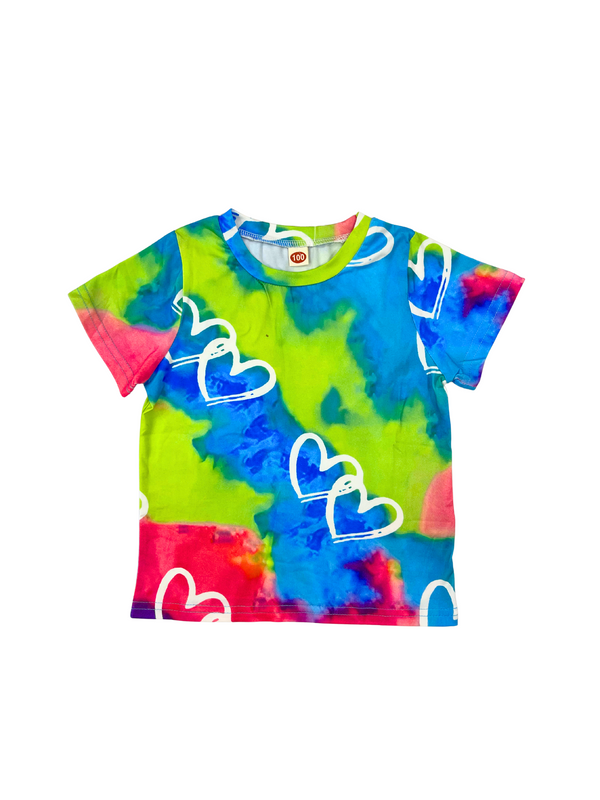 Kids Tie Dye T-Shirt with Heart Print - Colorful Rainbow Short Sleeve Tee for Girls Boys Size 100