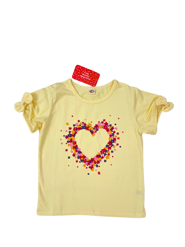 Girls Yellow Heart T-Shirt with Flower Print - Ruffle Sleeve Kids Tee
