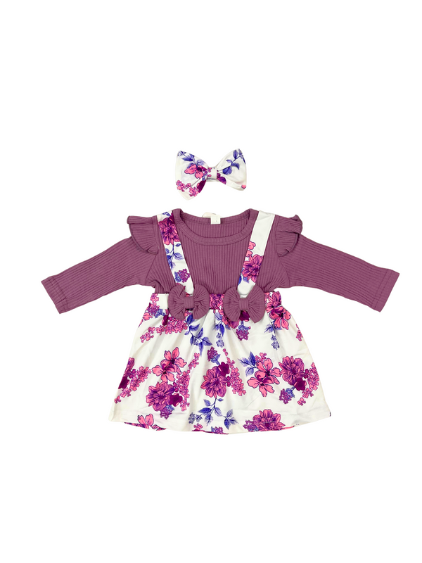 Baby Girl 2-Piece Floral Outfit Set - Purple Ribbed Top & Floral Suspender Dress with Headband