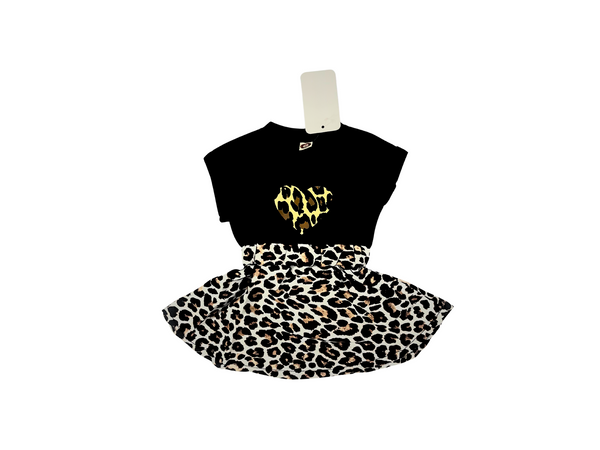Girls Leopard Print One-Piece Dress - Black Top with Leopard Heart & Matching Skirt