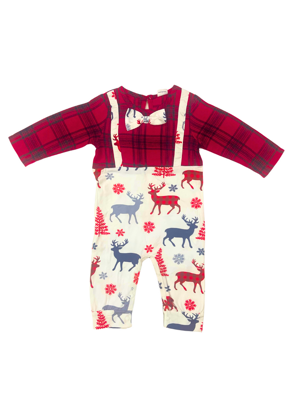 Baby Christmas Romper - Red Plaid & Reindeer Print Holiday Outfit with Suspenders
