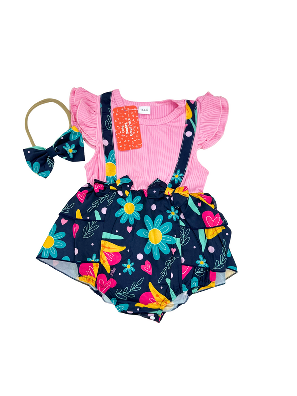 Floral Flared Frock Romper with head band