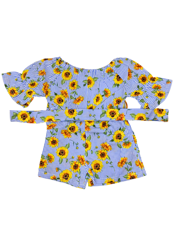 Stylish Sunflower themed mini jumpsuit with waistbelt