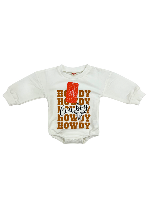 Cowboy Baby Romper - "Howdy Cowboy" Western Long Sleeve Romper - Bandana & Bull Skull Design Baby Boy Outfit